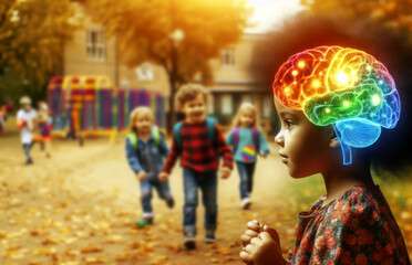 Obraz premium A multicolored puzzle brain in the head of an African American girl walking in a park with other children. Free space for copying.