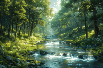 Fototapeta na wymiar A panoramic view of a forest, with a river running through it