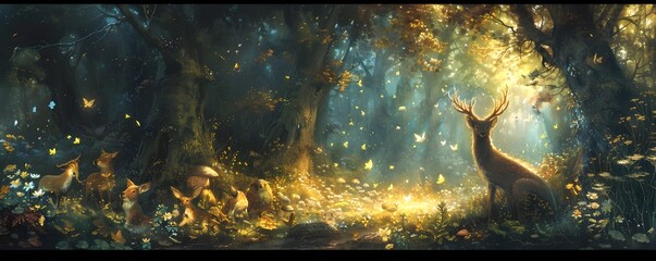 Enchanting Woodland Gathering of Mystical Creatures Amid Glowing Flowers in Magical Glen - obrazy, fototapety, plakaty