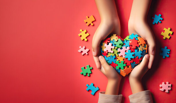Hands of mom and child holding a puzzle-heart puzzle with scattered puzzle pieces on a red background with space to copy, autism awareness, family support for autism spectrum disorder.