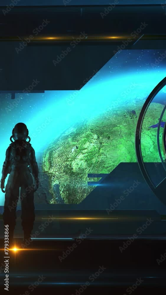 Sticker astronaut in front of the opening porthole, 3d render.