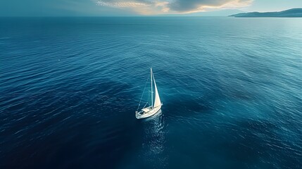A white sailboat on the horizon of blue sea, wide shot. For Design, Background, Cover, Poster, Banner, PPT, KV design, Wallpaper