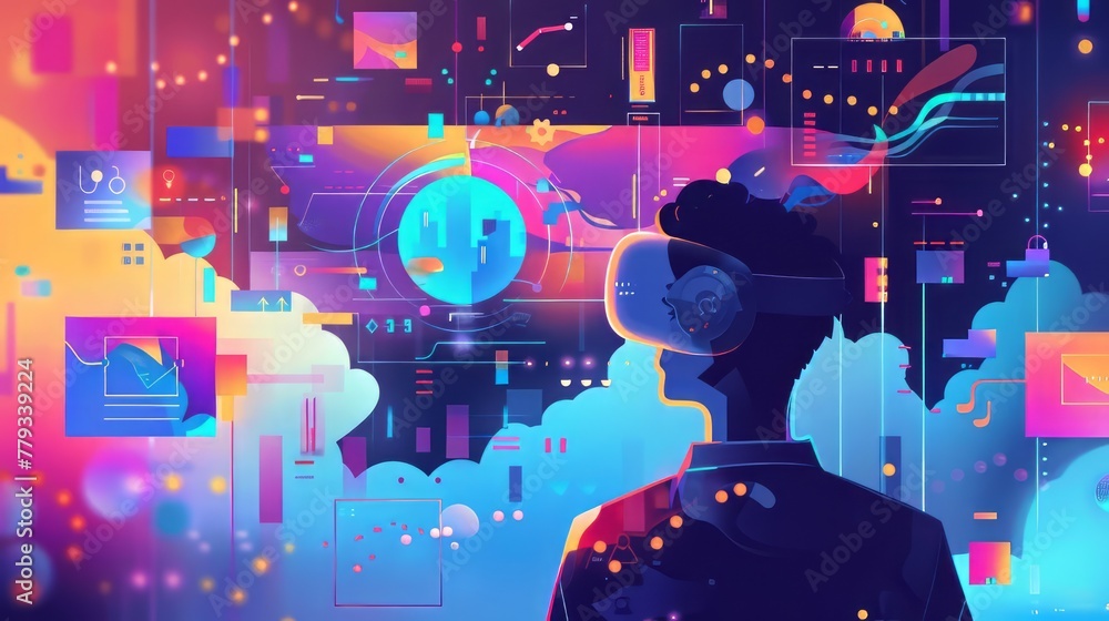 Poster a man is looking at a computer screen with a virtual reality headset on. the image is colorful and h