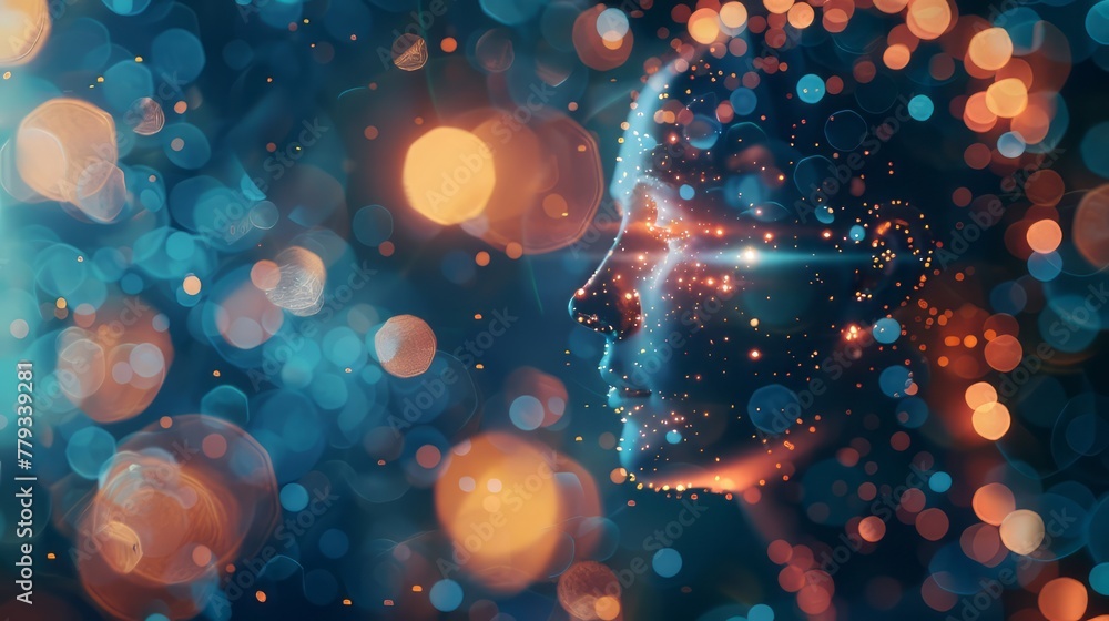 Poster a face with a glowing light shining on it. the face is surrounded by a blurry background of colorful