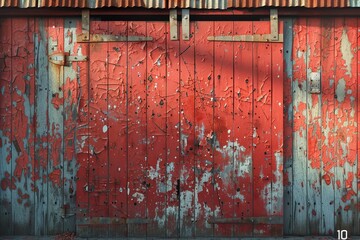 Rustic barn door, photorealistic textures, vibrant peeling paint, golden hour ,3DCG,clean sharp focus