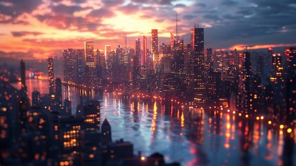 Obraz premium Sparkling city skyline, photorealistic reflections, vibrant night lights, dusk ,3DCG,high resulution