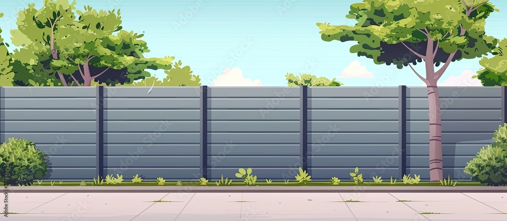 Poster a row of trees planted along a fence with a sidewalk in the foreground, under a clear sky. the road 