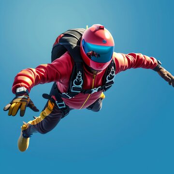 Skydiver in free fall, clear blue sky, GoPro view, adrenaline rush, high contrast , 3D render
