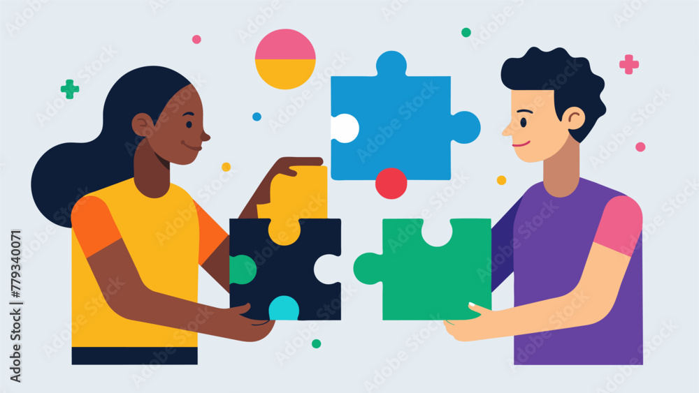 Poster two individuals connecting puzzle pieces with different shapes and colors symbolizing how implicit b