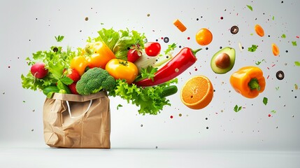 Fruit and vegetable paper bag with flying vegetables isolated on white background, side view.