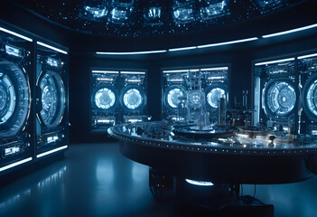 A futuristic control room with various screens and equipment.