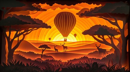 Craft a peaceful paper cut depiction of a hot air balloon ride at sunrise over the Serengeti, with wildlife roaming below - obrazy, fototapety, plakaty
