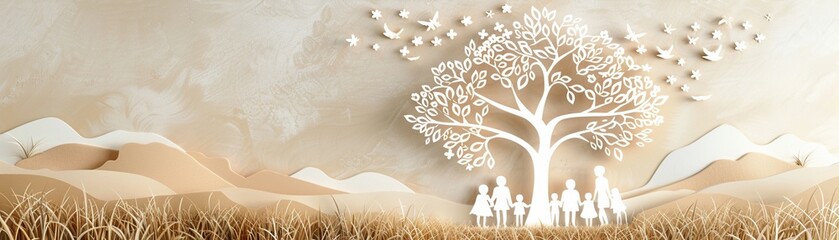 Design a heartwarming paper cut advertisement for a family reunion event, featuring a tree with family members as leaves