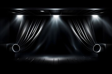 Dramatic Stage Beams and Theatrical Lighting in a Futuristic Black Studio Setting - obrazy, fototapety, plakaty