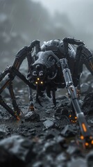Fototapeta na wymiar Futuristic four-legged robotic spider on a rocky terrain, illuminated in rain, advanced warfare concept