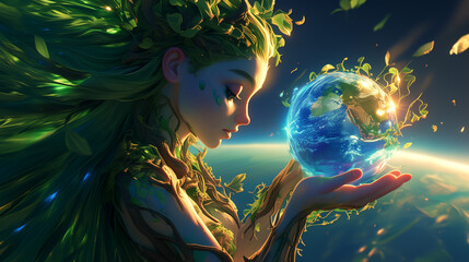 A profile of a green-skinned woman, leaves adorning her, holding a bright Earth against a backdrop of sunlight filtering through leaves.