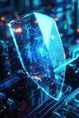 Holographic shield protecting finance network, sleek cybersecurity interface, digital asset protection