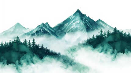 Mountain Serenity Green Watercolor Landscape Banner - obrazy, fototapety, plakaty
