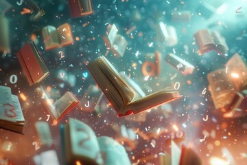 Enchanted books floating, numbers casting spells, wrapped in pastel magic  ,ultra HD,clean sharp