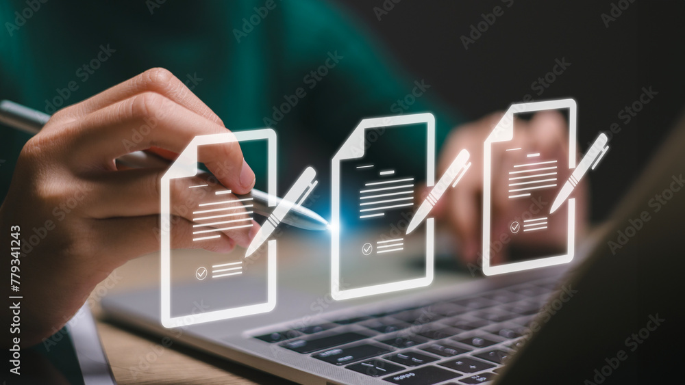 Aufkleber businessmen tick correct sign marks on virtual screen documents for online approved paperless qualit