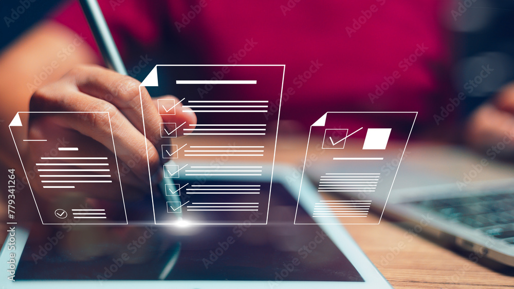 Aufkleber prepare check and approve concepts. document management, paperless. women touching on virtual screen
