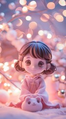 Fototapeta premium Charming anime-style figurine with sparkling eyes in a whimsical pink setting amidst glowing bokeh lights