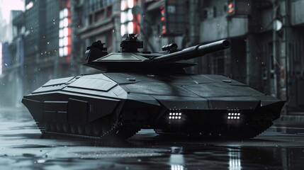 In the shadows of a future war, a black stealth tank patrols rain-soaked city streets - obrazy, fototapety, plakaty