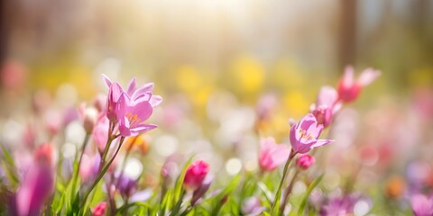 defocused bokeh background of spring pink flowers in sunny day