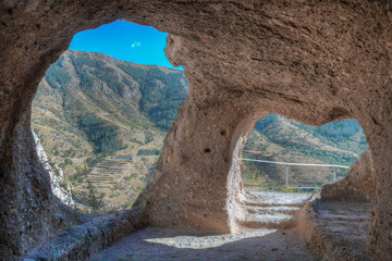 Carved room at Vardzia caves in Georgia