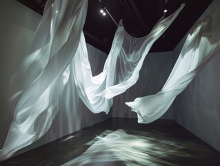 Abstract art installation with floating fabrics and light projections in an empty room, creating a dreamy atmosphere.