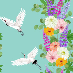 Seamless background with lupine, chrysanthemum and cranes