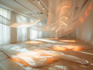Abstract art installation with floating fabrics and light projections in an empty room, creating a dreamy atmosphere.
