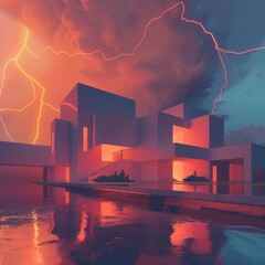 Permanent dwellings under cubist thunderstorm, geometric lines, bold lightning strikes, surreal atmosphere , 3D render