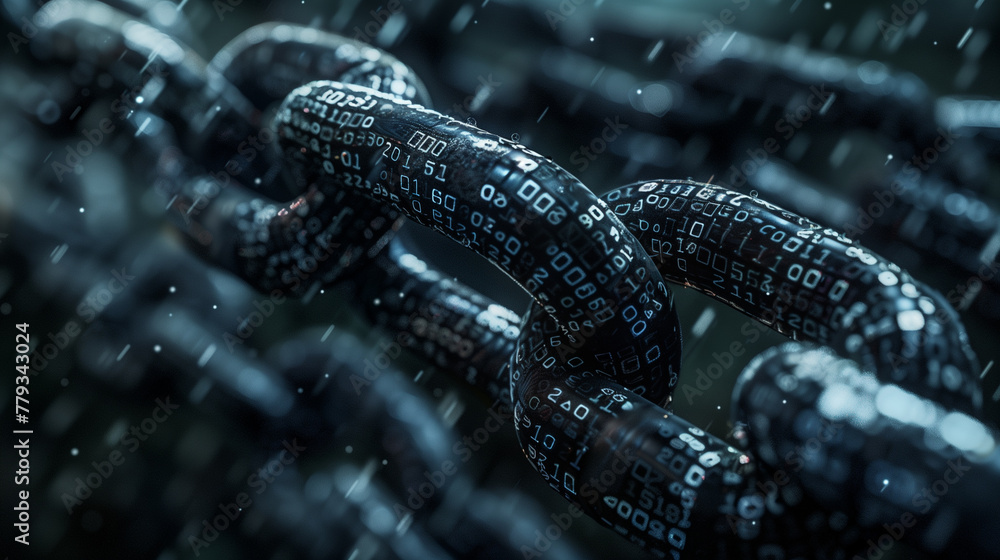 Poster binary codes on chain block chain technology concept modern cybers security or cyber tech background