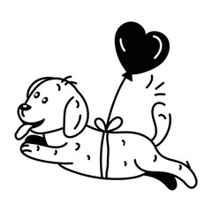 Flying dog with heart balloon, glyph style icon 