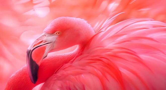 A flamingo's pink feathers up close, water and foliage softly blurred,