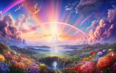 rainbow light castle on grassland mountain high dimension world