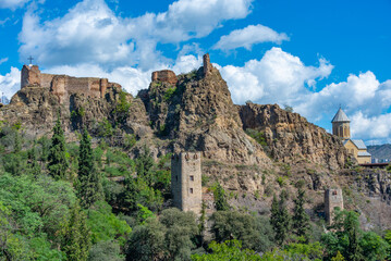 Fototapeta na wymiar Narikala fortress viewed from botanical garden in Tbilisi, Georgia