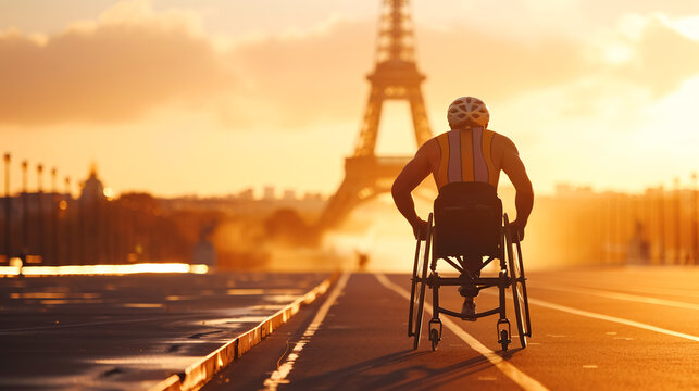 A man athlete in a wheelchair enjoys the sunset overlooking the Eiffel Tower, dreaming of winning a sports competition. Paralympic Games, Championship, Olympics
