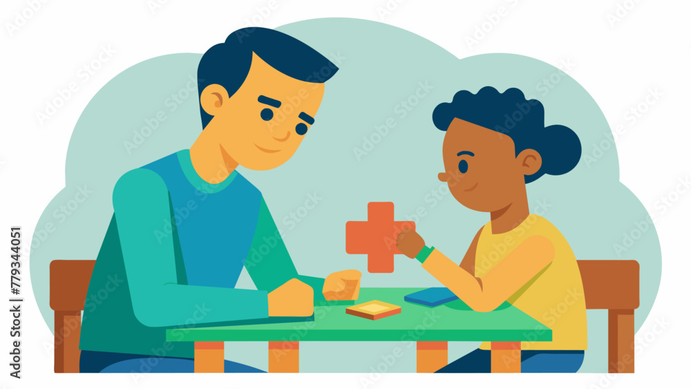 Aufkleber a picture of a parent and child sitting at a table holding hands with a puzzle laid out in front of 