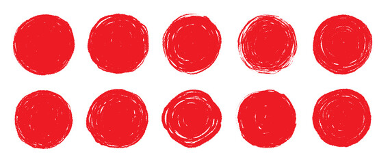 Brush red stroke circle japan sun frame. Hand drawn rough scribble texture effect red circle. Grunge crayon japanese flag stamp. Pencil, marker stroke paint. Vector illustration - obrazy, fototapety, plakaty