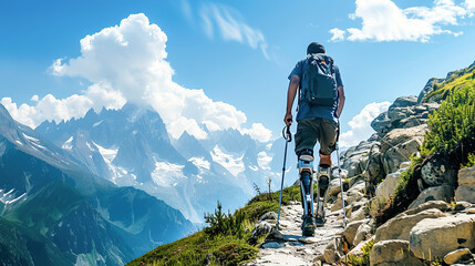 Brave hiker with prosthetic legs, backpack and trekking poles overcomes mountain trail, embodying resilience and strength. Active lifestyle with disability, movement perseverance, adventure, travel - obrazy, fototapety, plakaty