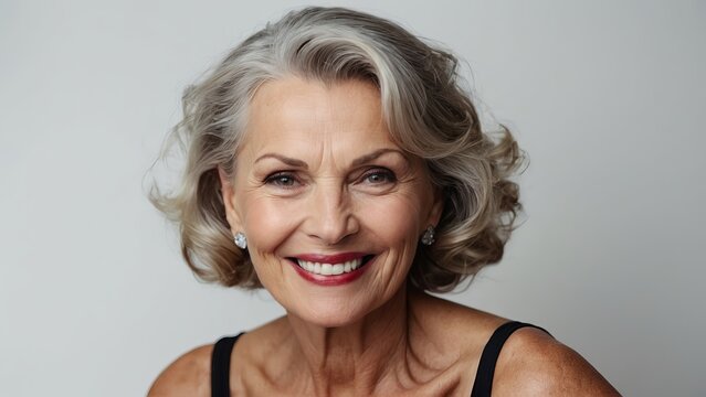 Beautiful gorgeous mid aged mature woman looking at camera isolated on white. Mature old lady close up portrait. Healthy face skin care beauty, middle age skincare cosmetics, cosmetology concept