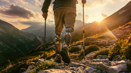 Brave hiker with prosthetic legs, backpack and trekking poles overcomes mountain trail, embodying resilience and strength. Active lifestyle with disability, movement perseverance, adventure, travel