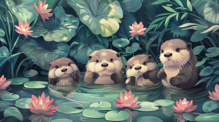 A group of adorable otters are swimming in the river, surrounded by lush greenery and blooming flowers