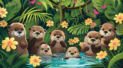 A group of adorable otters are swimming in the river, surrounded by lush greenery and blooming flowers