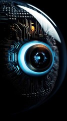Futuristic Digital Surveillance:Extreme Close-Up of Advanced Robotic or Bionic Eye with Intricate Circuitry and Metallic Textures