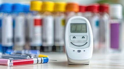 Glucometer with test strip with smile on the monitor. Blood glucose meter with a lot of test strips on the background. Closeup, selective focus​
