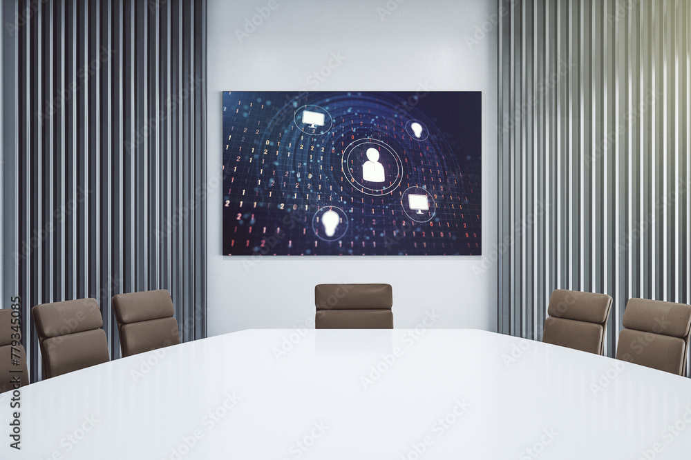 Aufkleber Social network icons concept on presentation monitor in a modern boardroom. Networking concept. 3D Rendering