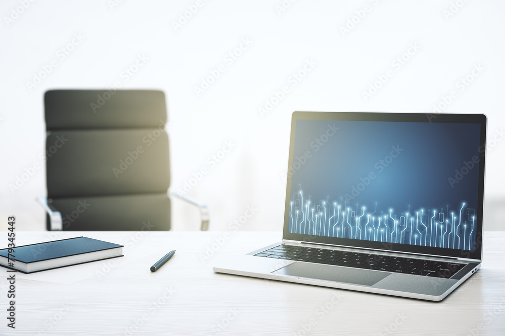 Aufkleber Creative abstract micro chip hologram on modern computer monitor, artificial intelligence and machine learning concept. 3D Rendering